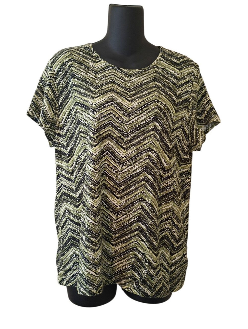 chevron top women's green black short sleeve zigzag scoop neck shirt size XLarge